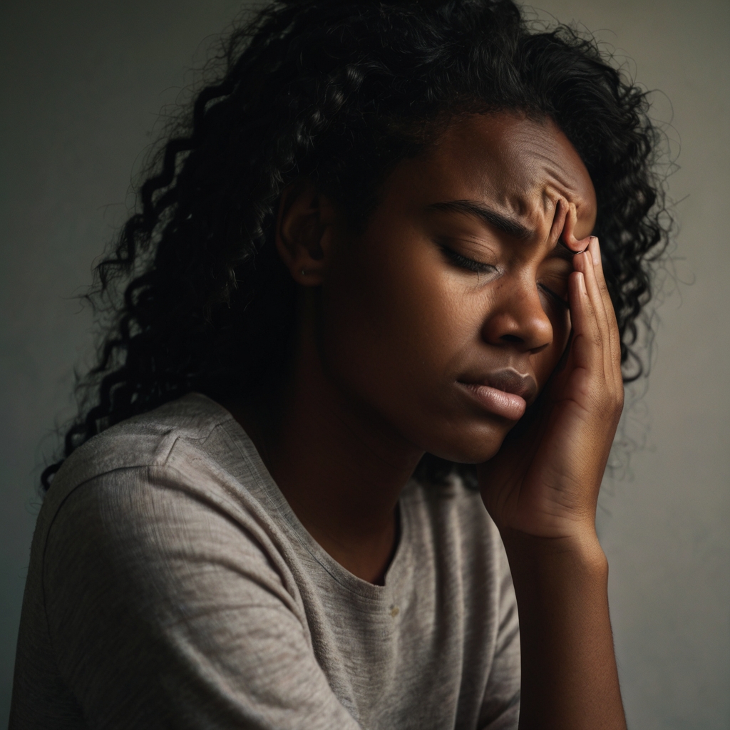 A young lady experiencing a migraine.