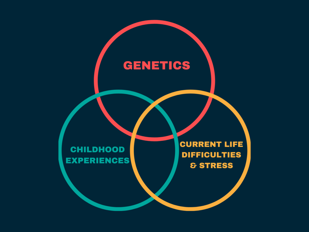 Genetics, childhood experiences, and Current life difficulties and stress all contribute to depression.